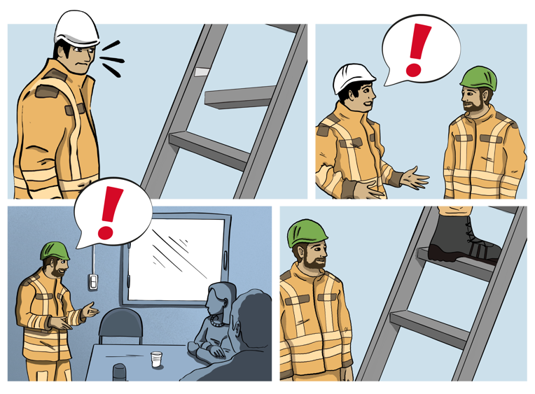 A worker spots a ladder where one rung is broken. The worker tells an occupational health and safety representative about the problem. The occupational health and safety representative tells the construction management about the problem. The occupational health and safety representative looks on while a worker climbs a ladder. The ladder no longer has a broken rung.